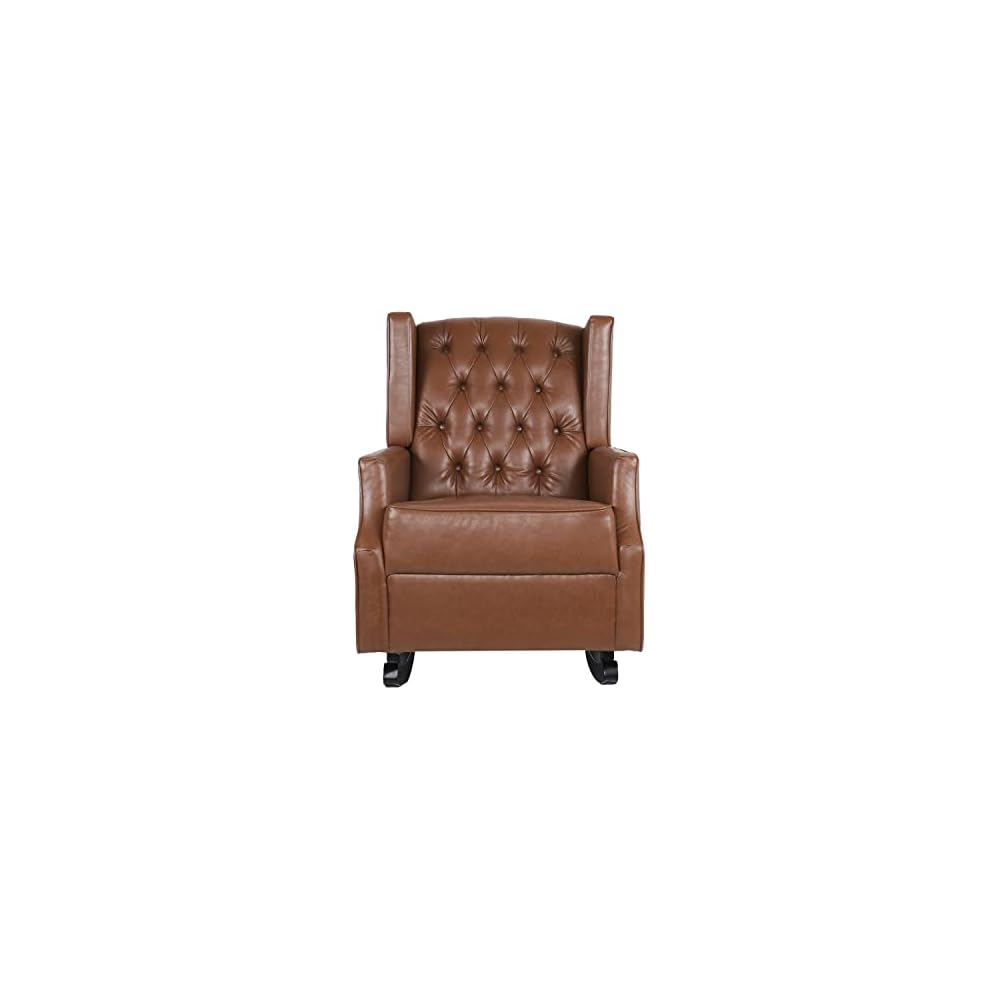 Carey Tufted Wingback Rocking Chair - Faux Leather - Cognac Brown/Dark Brown