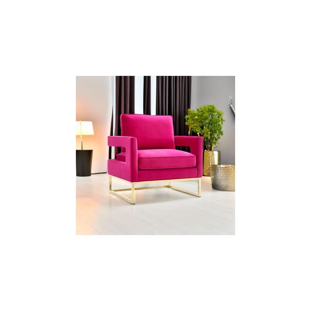 The Avery Collection Modern Style Living Room Den Velvet Upholstered Armchair with Gold Legs, Pink
