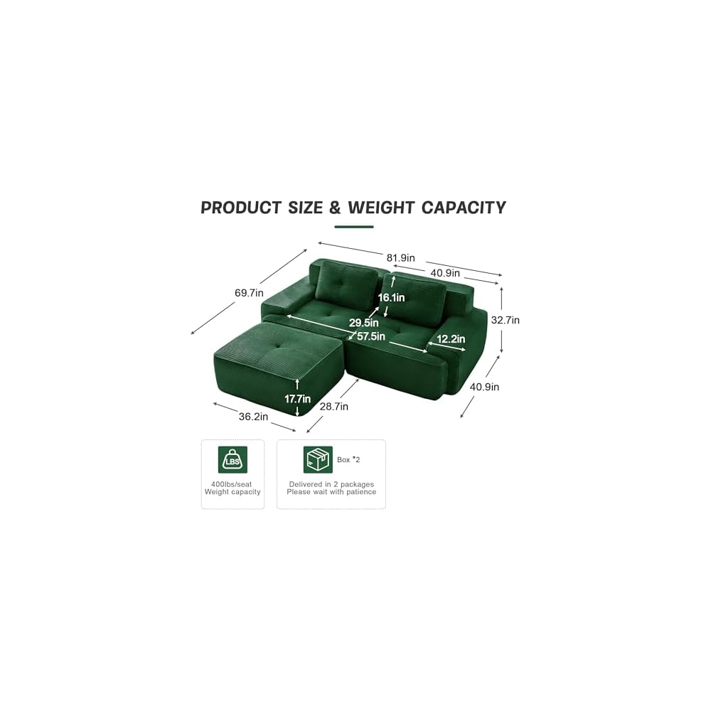 Boneless Couch Modular Sectional Sofa 82" Loveseat, Modern Cloud Couch with Deep Seat, Corduroy L Shaped Sectional Couches for Living Room, Tufted Floor Sofa with Anti-Slip, No Assembly, Green