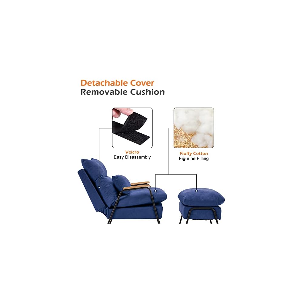 Accent Recliner Chair with Ottoman, Modern Fabric Armchair, Upholstered Sofa Bed for Living Room Bedroom, Small Space 4055 (Black Frame, Blue)