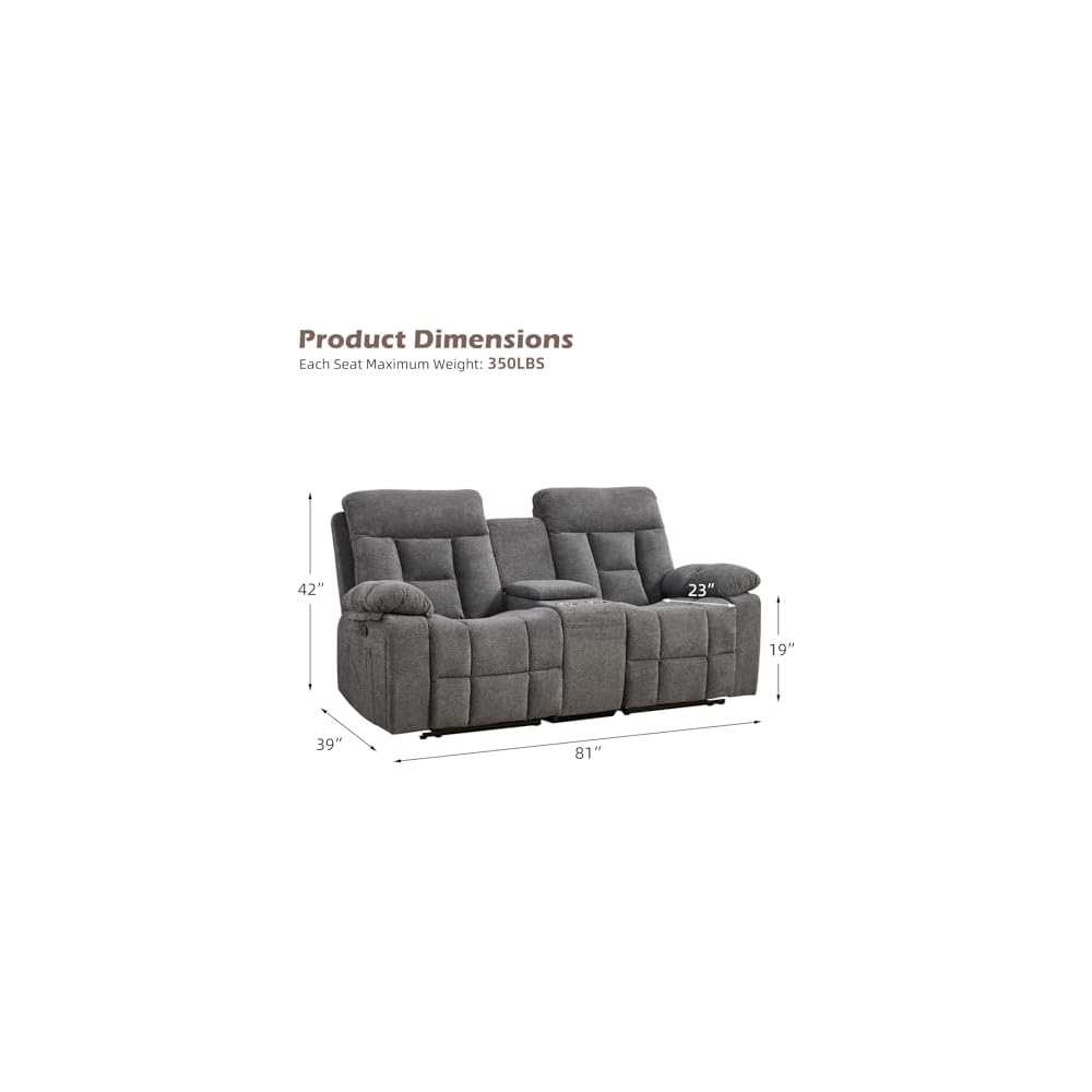Loveseat Recliner, Manual Recliner Sofa Chair for Living Room, Reclining Sofa with Storage Console,Hidden Cup Holders, 2 Seat, Grey