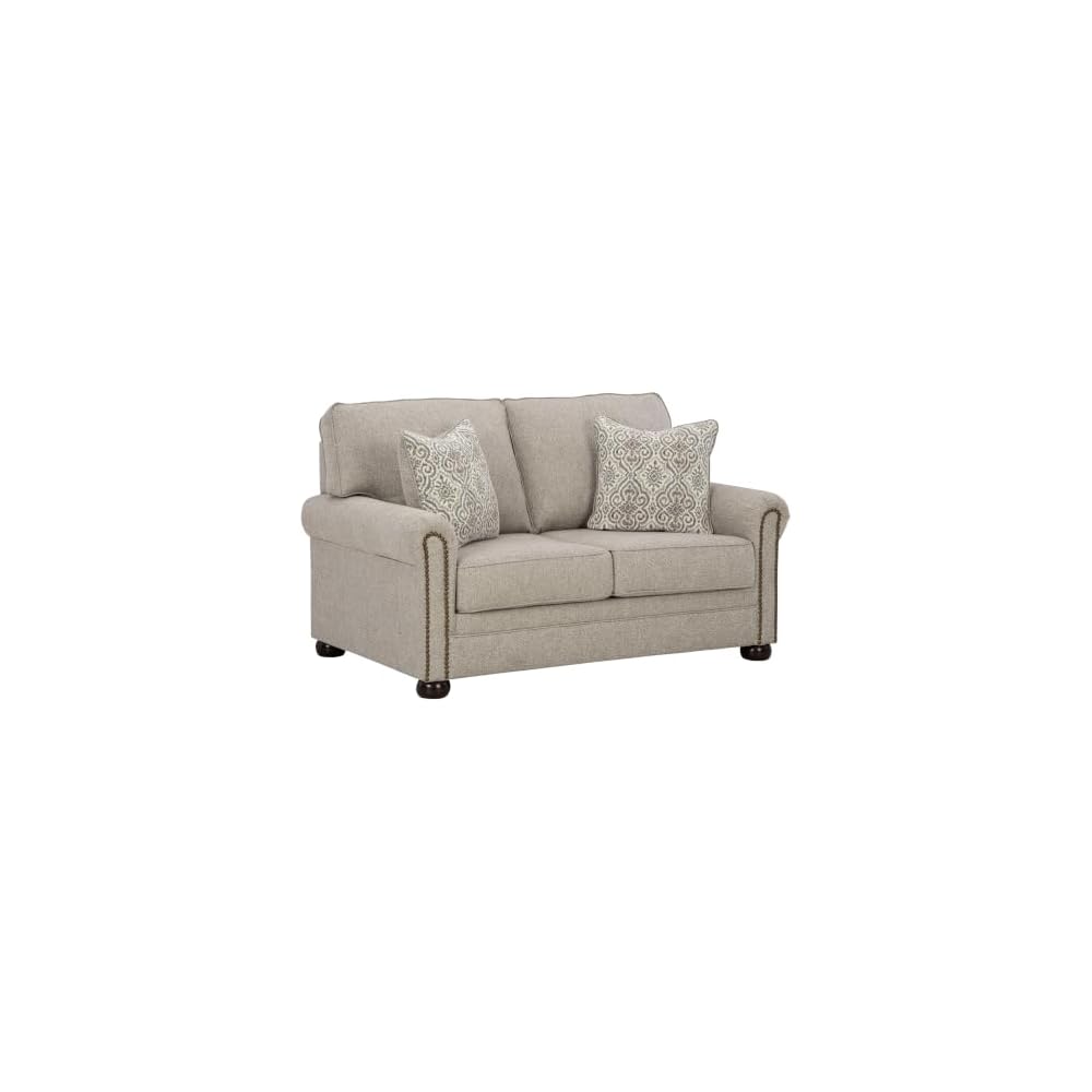 Gaelon Beige Chenille Loveseat, Nailhead Trim