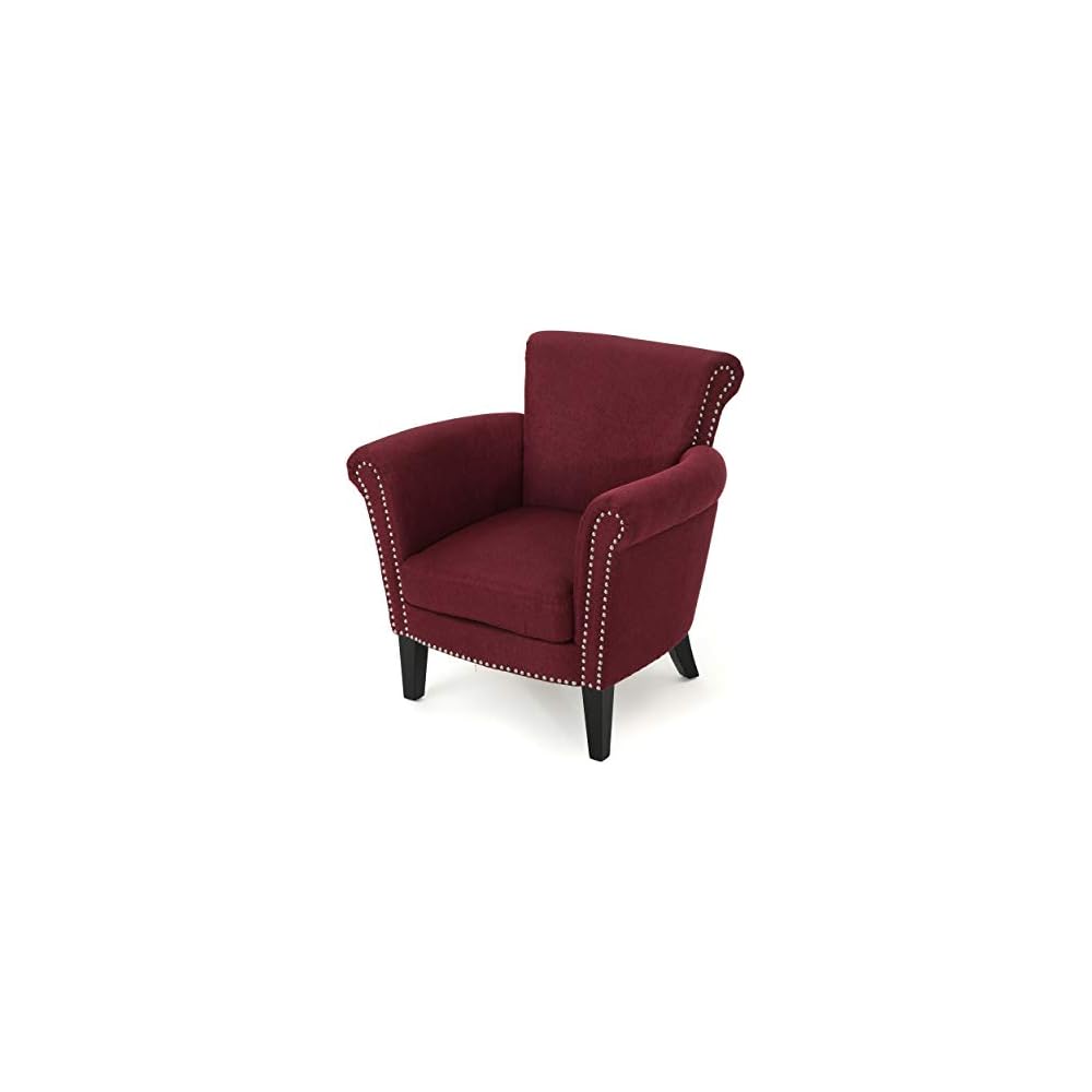 Brice Vintage Scroll Arm Studded Fabric Club Chair, Navy Blue / Dark Brown 31D x 29.5W x 31.5H in