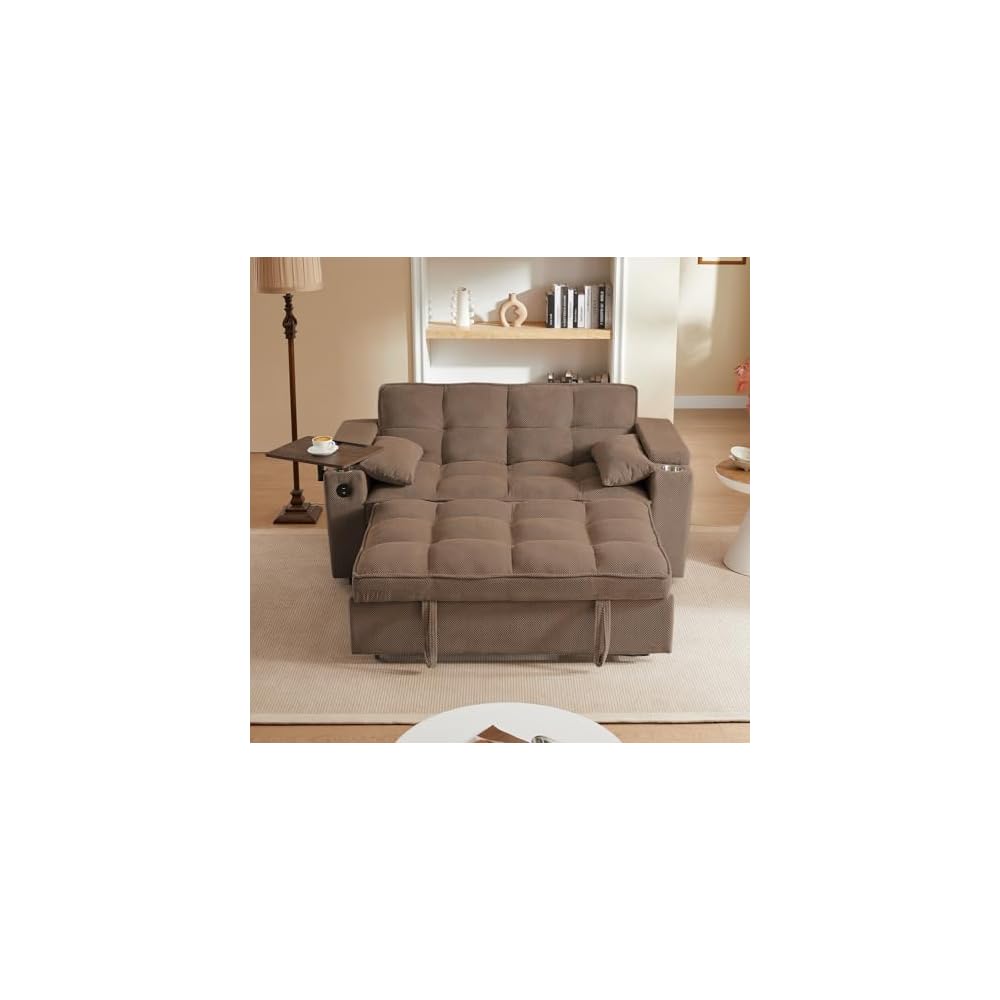  Large Size Convertible Sleeper Sofa Bed,Polka dot Velvet Pull Out Futon Couch with Storage handrails & Rotating Side Tables,Convertible Sofa Couch for Living Room,RV (Coffee)