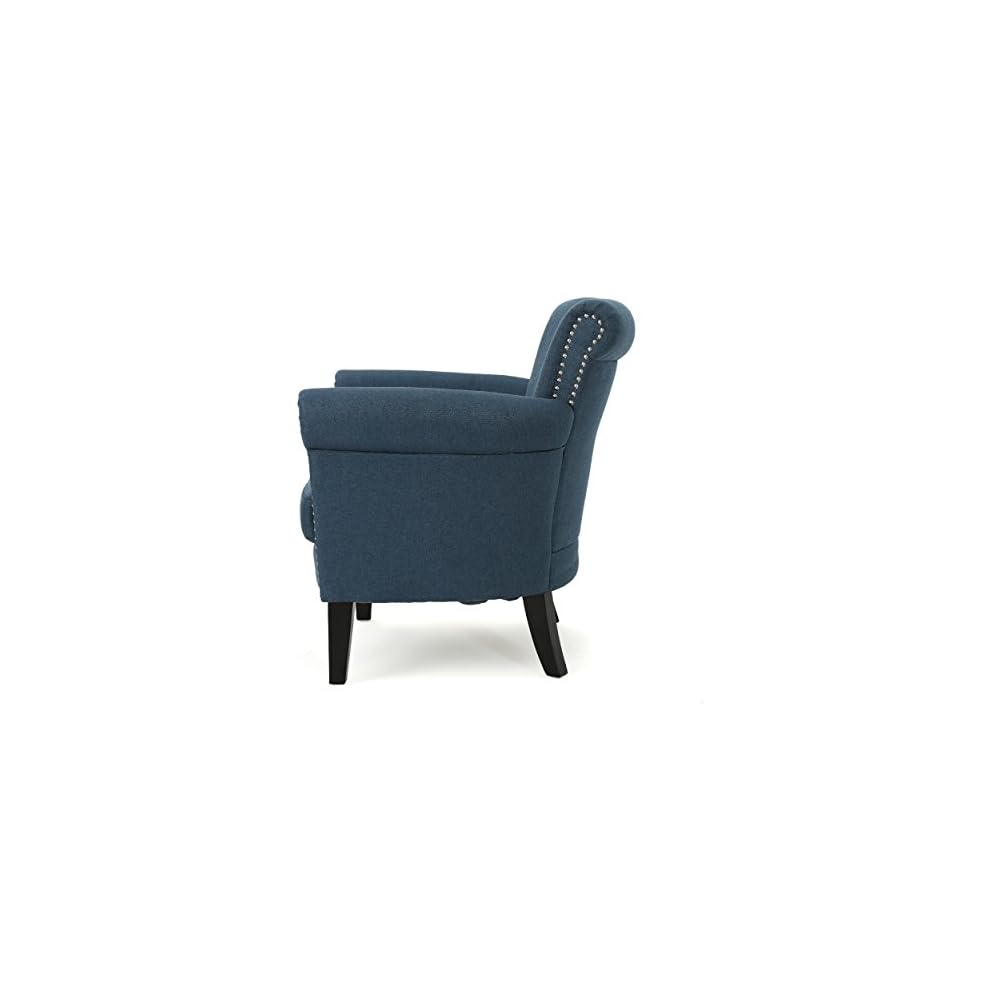 Brice Vintage Scroll Arm Studded Fabric Club Chair, Navy Blue / Dark Brown 31D x 29.5W x 31.5H in
