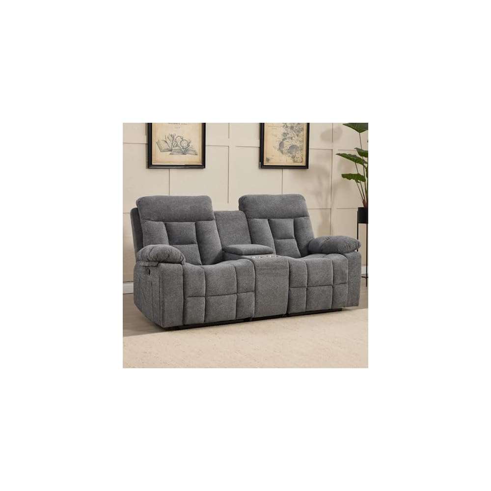 Loveseat Recliner, Manual Recliner Sofa Chair for Living Room, Reclining Sofa with Storage Console,Hidden Cup Holders, 2 Seat, Grey