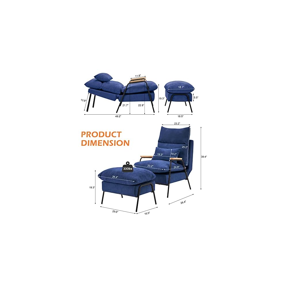 Accent Recliner Chair with Ottoman, Modern Fabric Armchair, Upholstered Sofa Bed for Living Room Bedroom, Small Space 4055 (Black Frame, Blue)