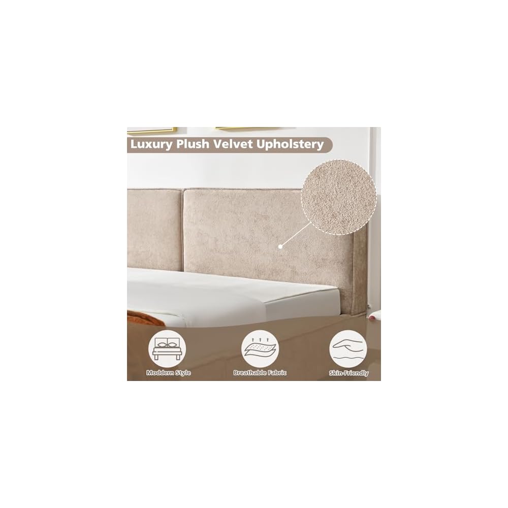 Luxury King Size Upholstered Platform Bed Frame with 7" Thick Padded Headboard, Plush Velvet-Like Fabric, 45 Wooden Slats Support, Wood-Look Legs, No Box Spring Needed, Beige