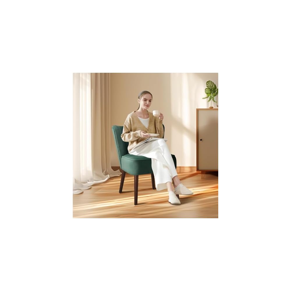 Modern Accent Chair, Padded Velvet Chair with Solid Wood Legs, Load Capacity 136 kg, Comfortable Lounge Chair without Armrests for Living Room, Bedroom, Office - Green