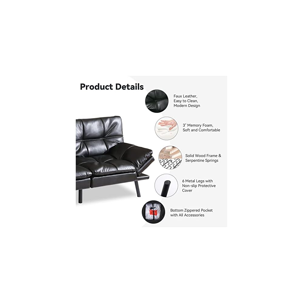 Multifunctional Futon Sofa Bed,Convertible Sleeper Futon Couch,Memory Foam Loveseat Sofa Bed,Small Splitback Faux Leather Modern Sofa for Living Room,Office,Apartment,Light Black
