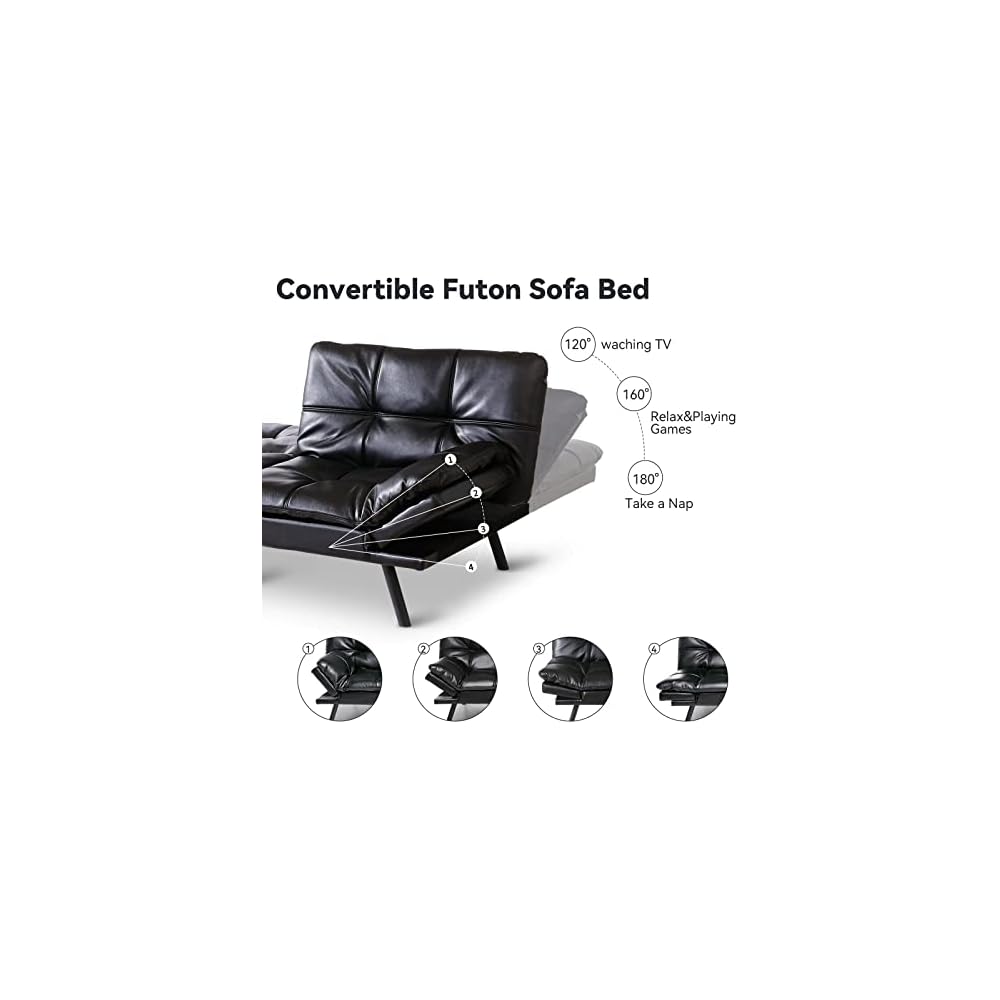 Multifunctional Futon Sofa Bed,Convertible Sleeper Futon Couch,Memory Foam Loveseat Sofa Bed,Small Splitback Faux Leather Modern Sofa for Living Room,Office,Apartment,Light Black