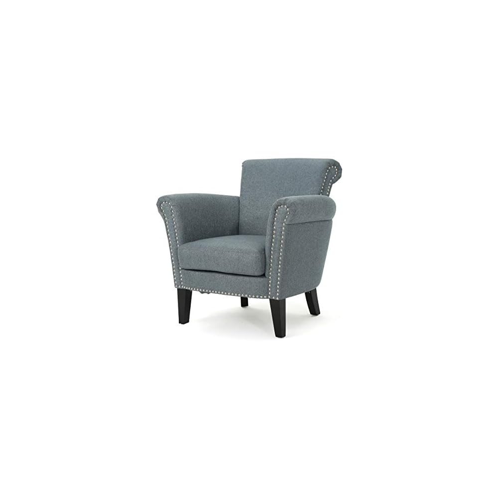 Brice Vintage Scroll Arm Studded Fabric Club Chair, Navy Blue / Dark Brown 31D x 29.5W x 31.5H in