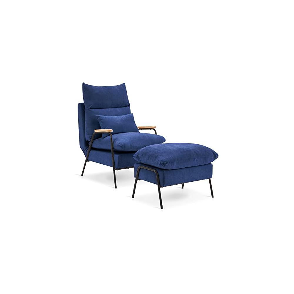 Accent Recliner Chair with Ottoman, Modern Fabric Armchair, Upholstered Sofa Bed for Living Room Bedroom, Small Space 4055 (Black Frame, Blue)