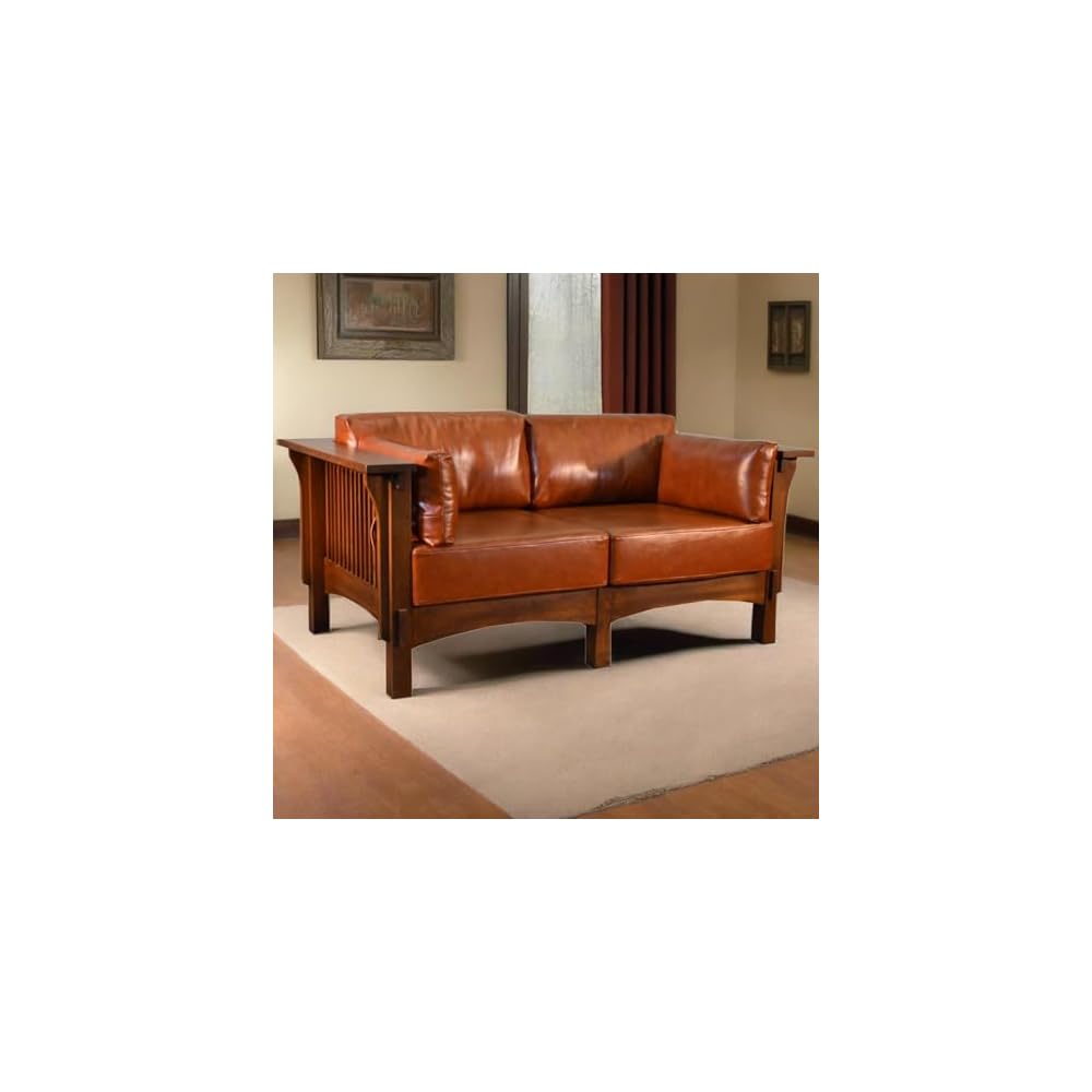 Crafters & Weavers Mission Crofter Style Oak and Leather Loveseat Sofa