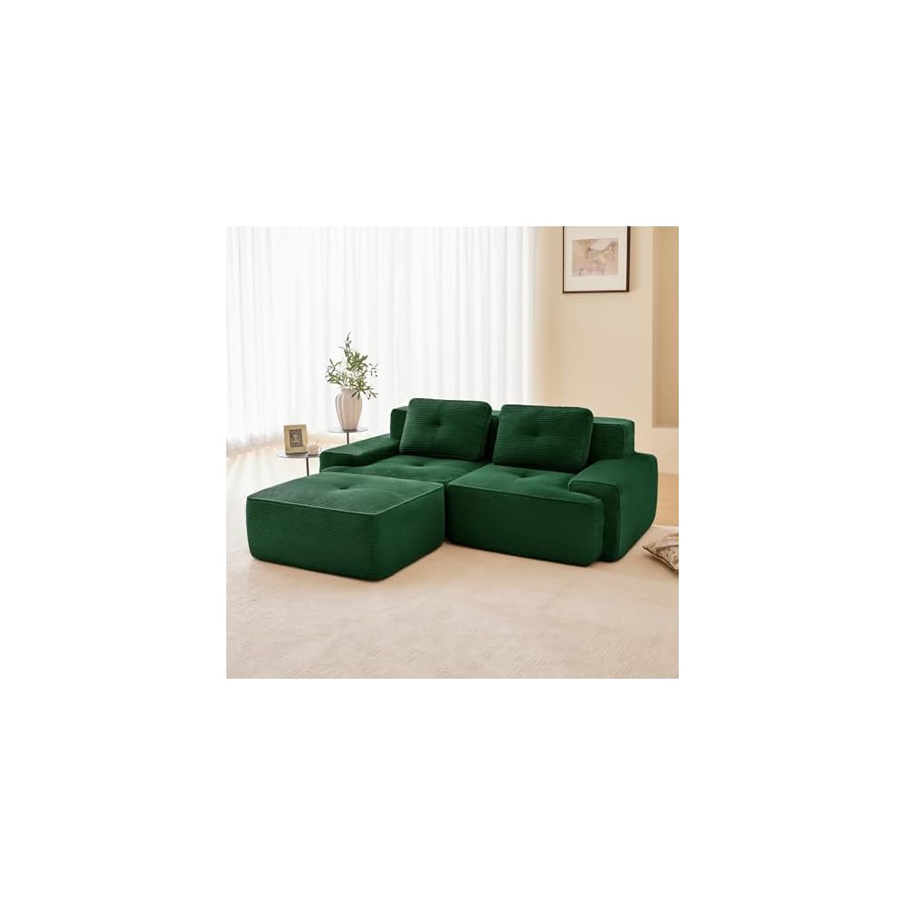 Boneless Couch Modular Sectional Sofa 82" Loveseat, Modern Cloud Couch with Deep Seat, Corduroy L Shaped Sectional Couches for Living Room, Tufted Floor Sofa with Anti-Slip, No Assembly, Green
