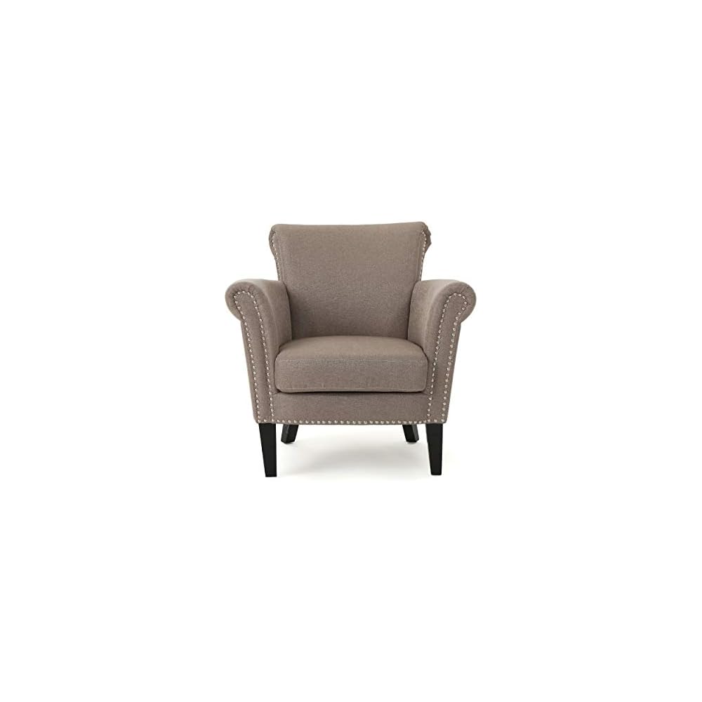 Brice Vintage Scroll Arm Studded Fabric Club Chair, Navy Blue / Dark Brown 31D x 29.5W x 31.5H in