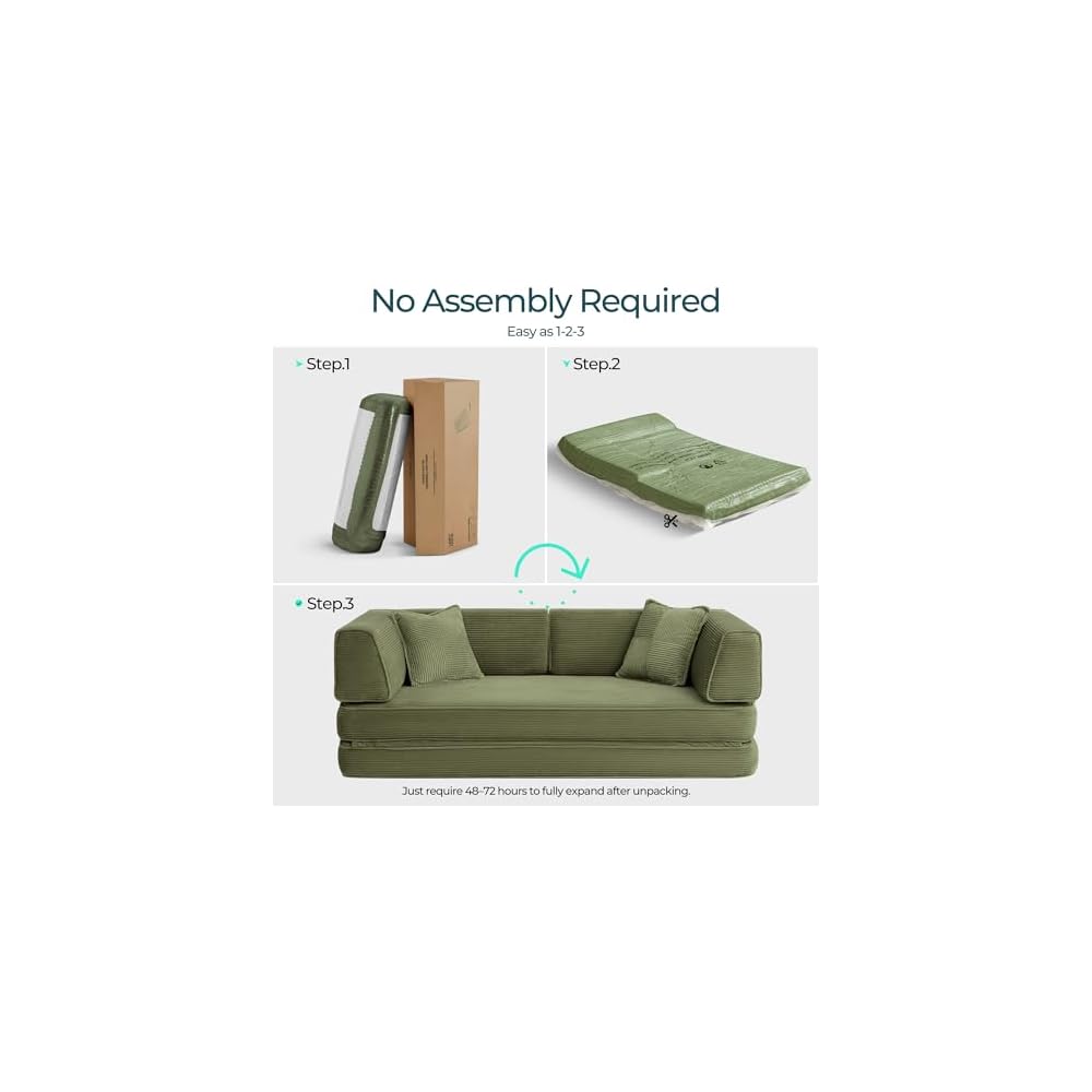 79" Convertible Futon Sofa Bed, Boneless Couch, Corduroy, Green
