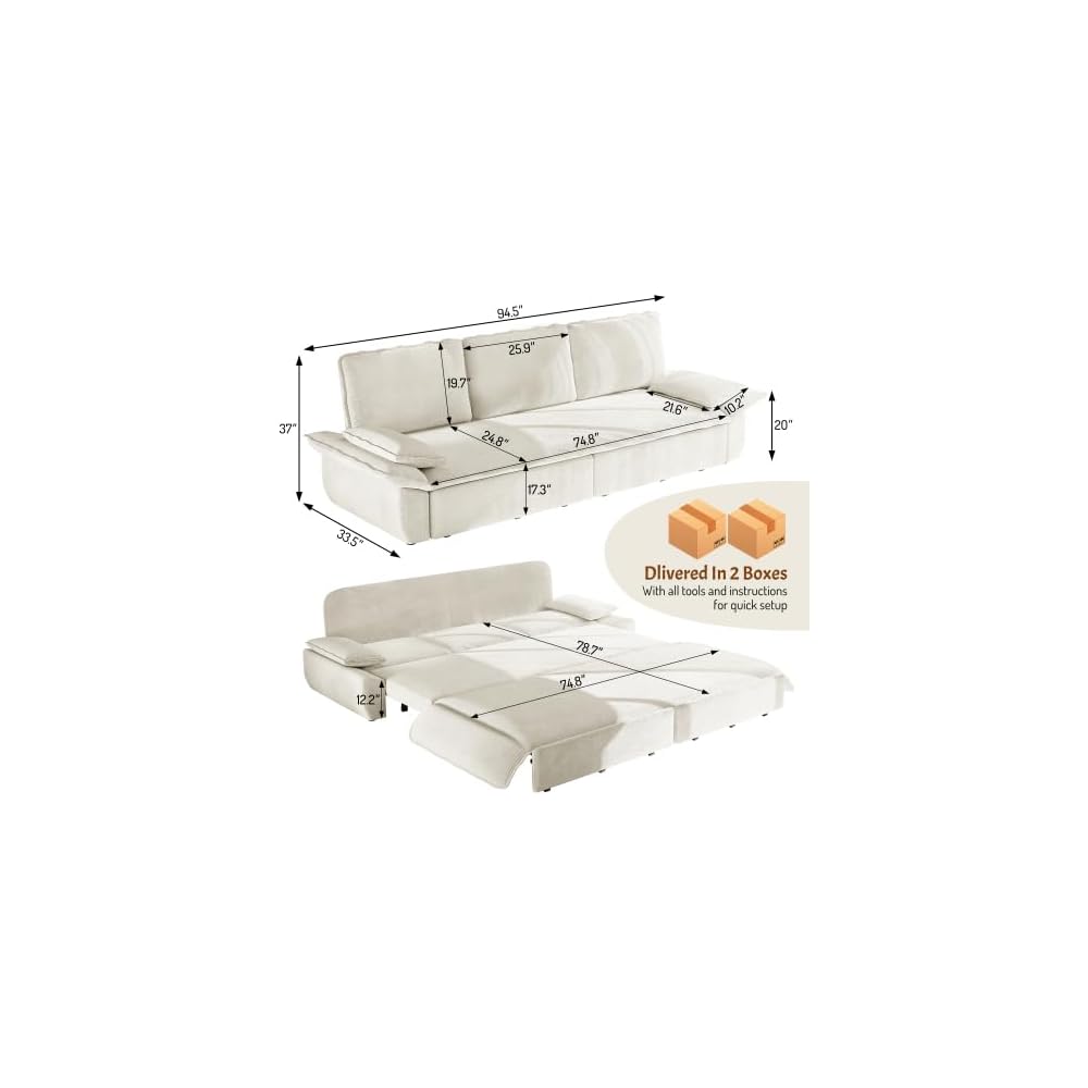 94.5" 3-in-1 King Size Sleeper Sofa, Corduroy Upholstered Deep Seat, Pull-Out Fold-Out Bed for Living Room Apartment, White