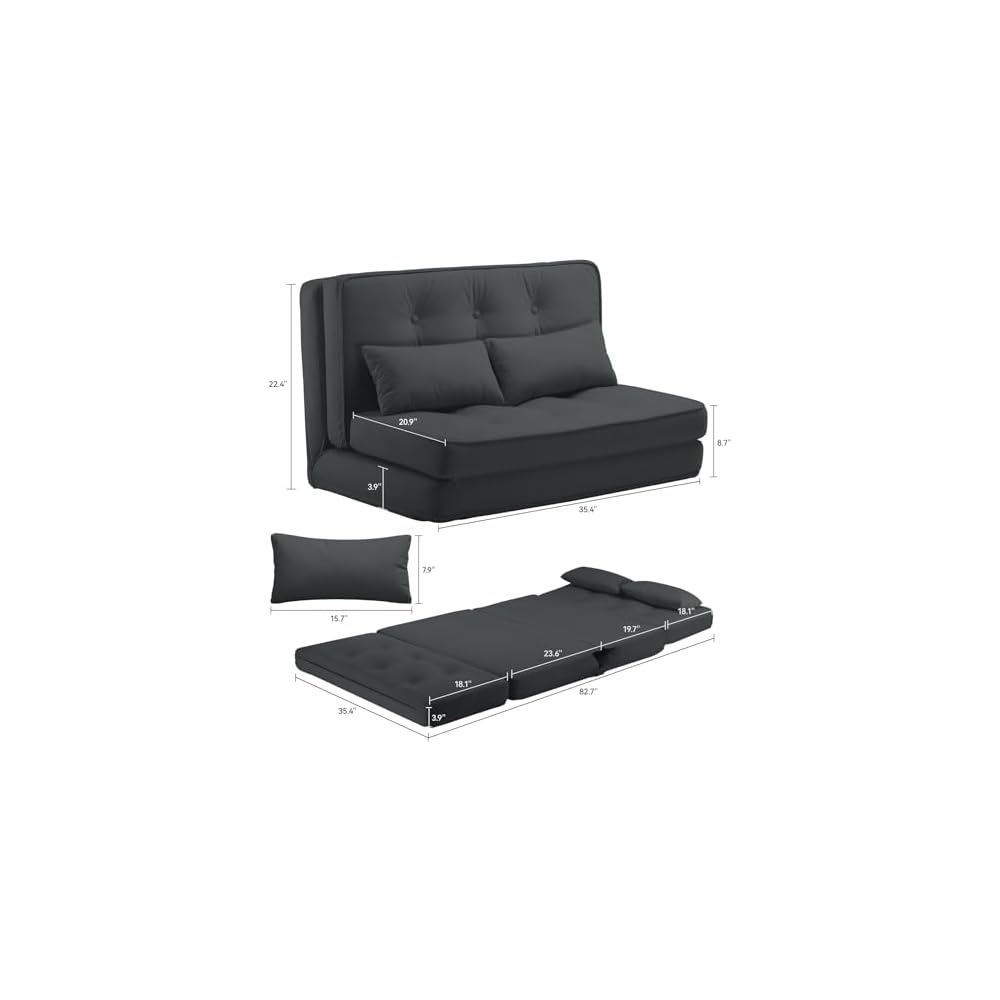 Folding Sofa Bed, Convertible Floor Sofa with Pillows, Fabric Floor Couch & Memory Foam Foldable Mattress with Washable Cover for Living Room, Guest Room, Dorm (Black)