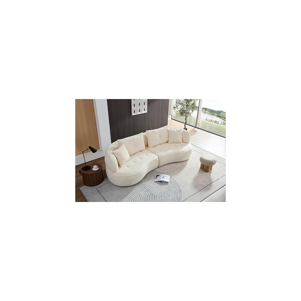 HAMORE 110" Curved Sectional Sofa, 2-Piece Modular Teddy Boucle Fabric Couch, Brown Armless Curved Sofa with 2 Pillows, Easy Tool-Free Assembly, Modern Curved Couch for Living Room Apartment (Beige)