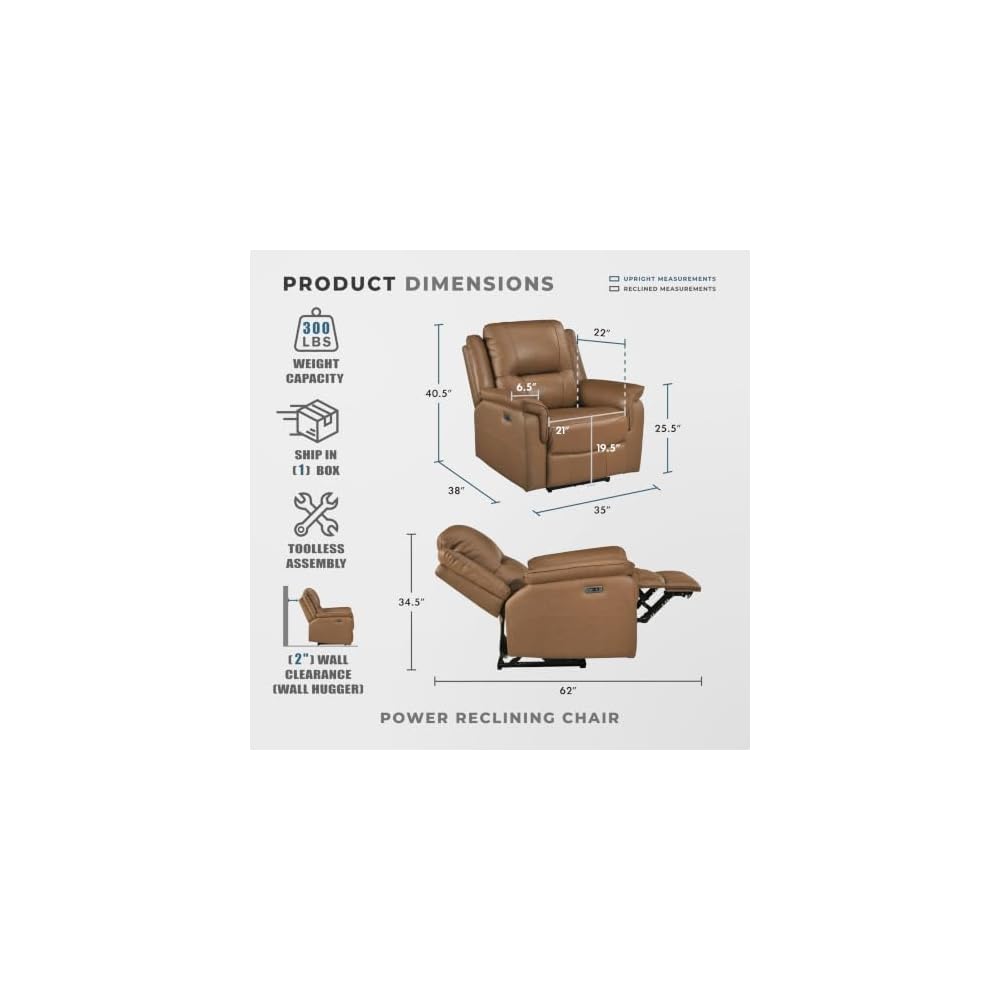 Top Grain Leather Match Power Reclining Chair, Brown