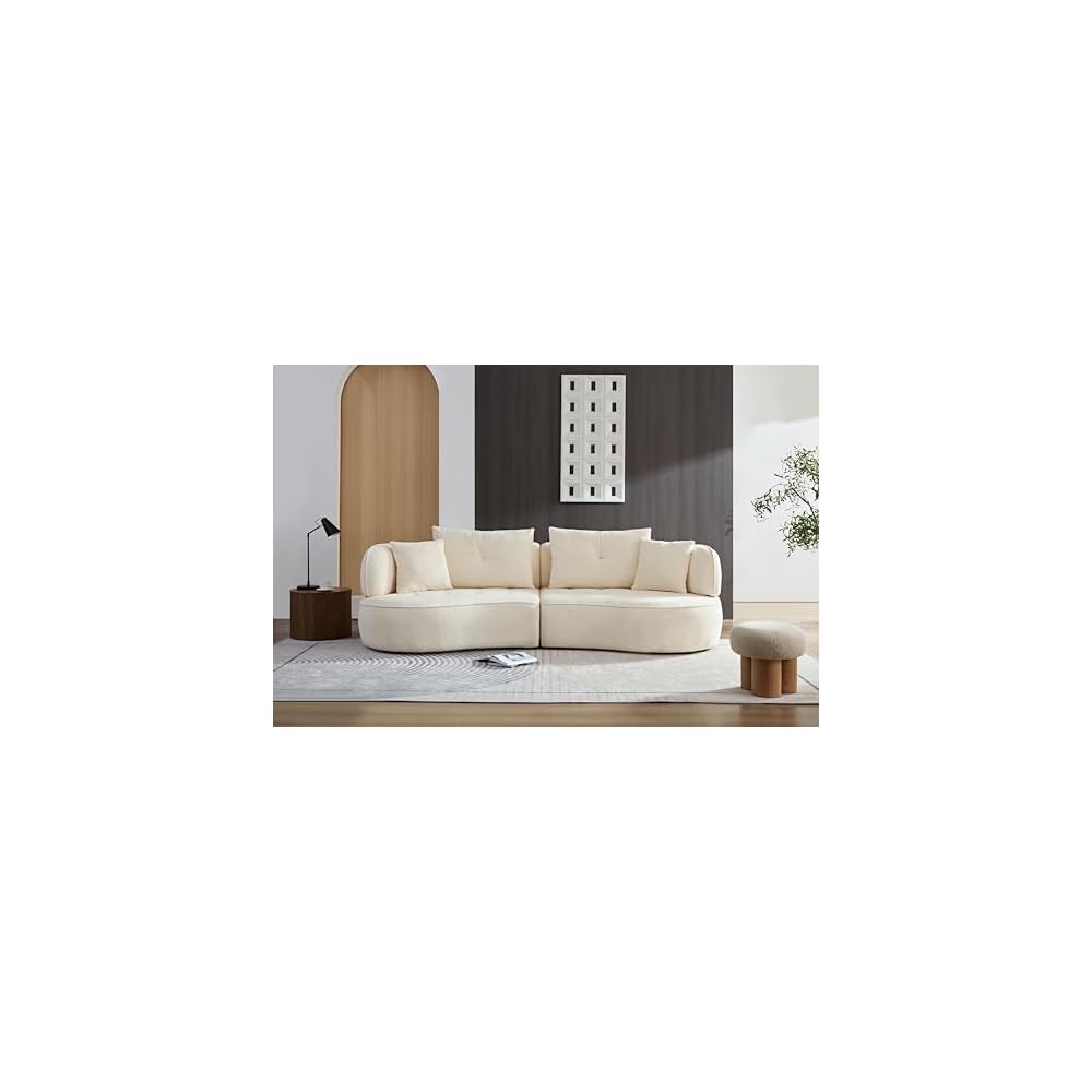 HAMORE 110" Curved Sectional Sofa, 2-Piece Modular Teddy Boucle Fabric Couch, Brown Armless Curved Sofa with 2 Pillows, Easy Tool-Free Assembly, Modern Curved Couch for Living Room Apartment (Beige)