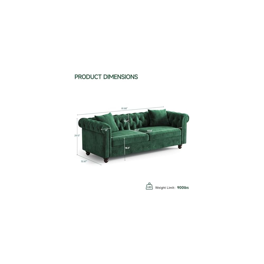 82 Inch Chesterfield Sofa, 23 Inch Deep Seat Velvet Couch for Living Room, Button Tufted Couch with Rolled Arms, 2 Throw Pillows, Comfy Vintage Loveseat Sofa for Apartment, Green