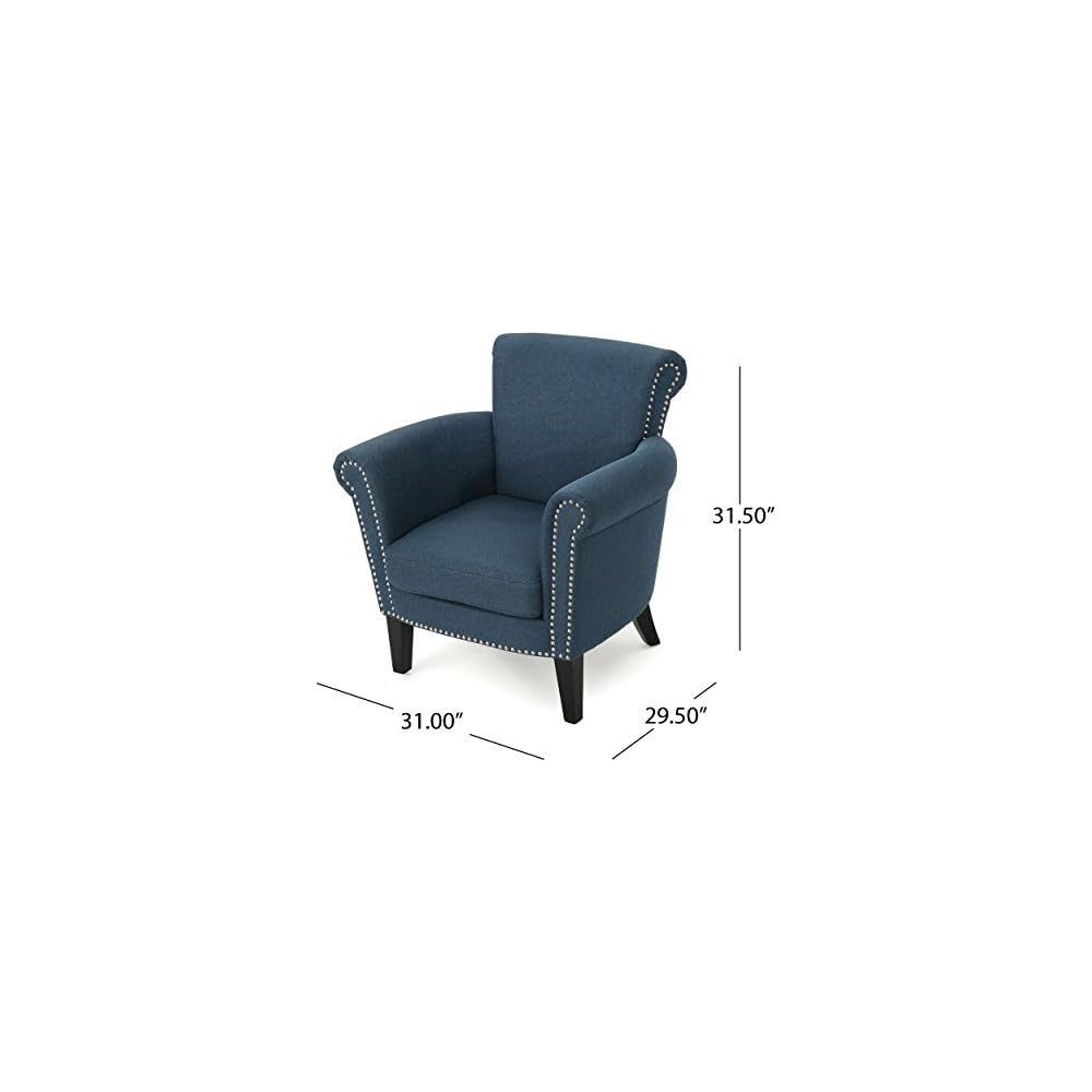 Brice Vintage Scroll Arm Studded Fabric Club Chair, Navy Blue / Dark Brown 31D x 29.5W x 31.5H in