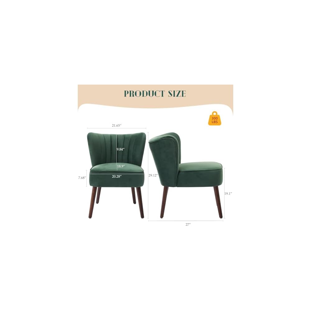 Modern Accent Chair, Padded Velvet Chair with Solid Wood Legs, Load Capacity 136 kg, Comfortable Lounge Chair without Armrests for Living Room, Bedroom, Office - Green