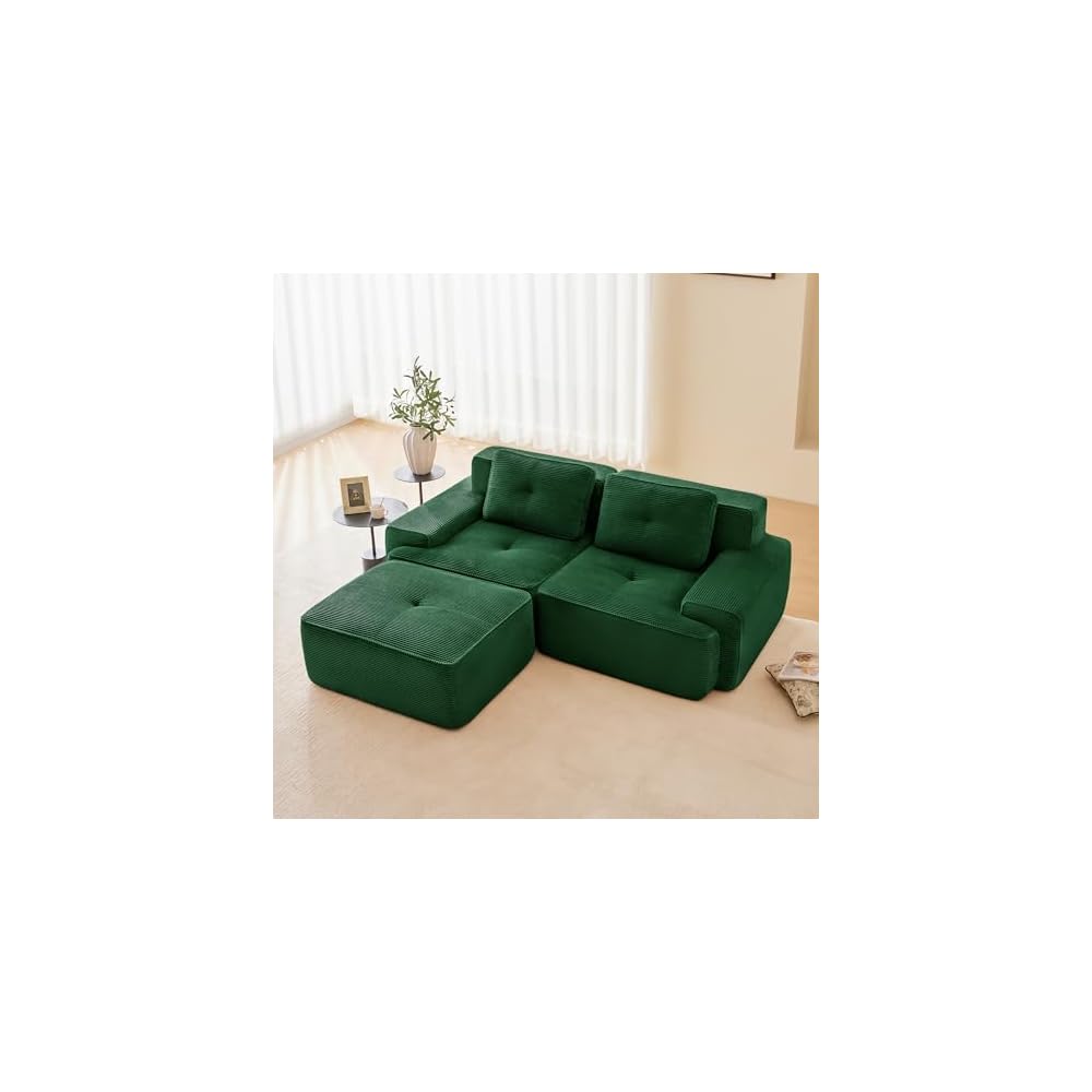 Boneless Couch Modular Sectional Sofa 82" Loveseat, Modern Cloud Couch with Deep Seat, Corduroy L Shaped Sectional Couches for Living Room, Tufted Floor Sofa with Anti-Slip, No Assembly, Green