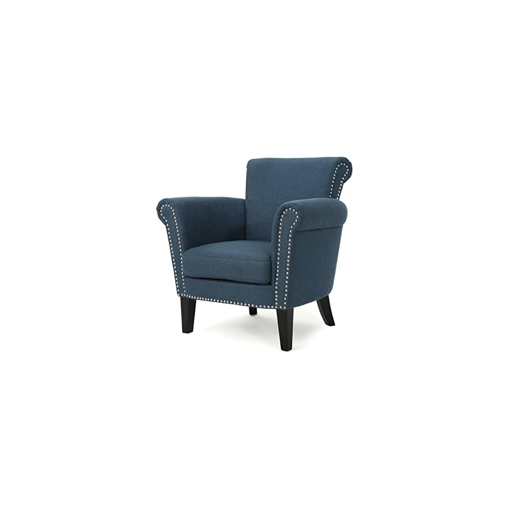 Brice Vintage Scroll Arm Studded Fabric Club Chair, Navy Blue / Dark Brown 31D x 29.5W x 31.5H in