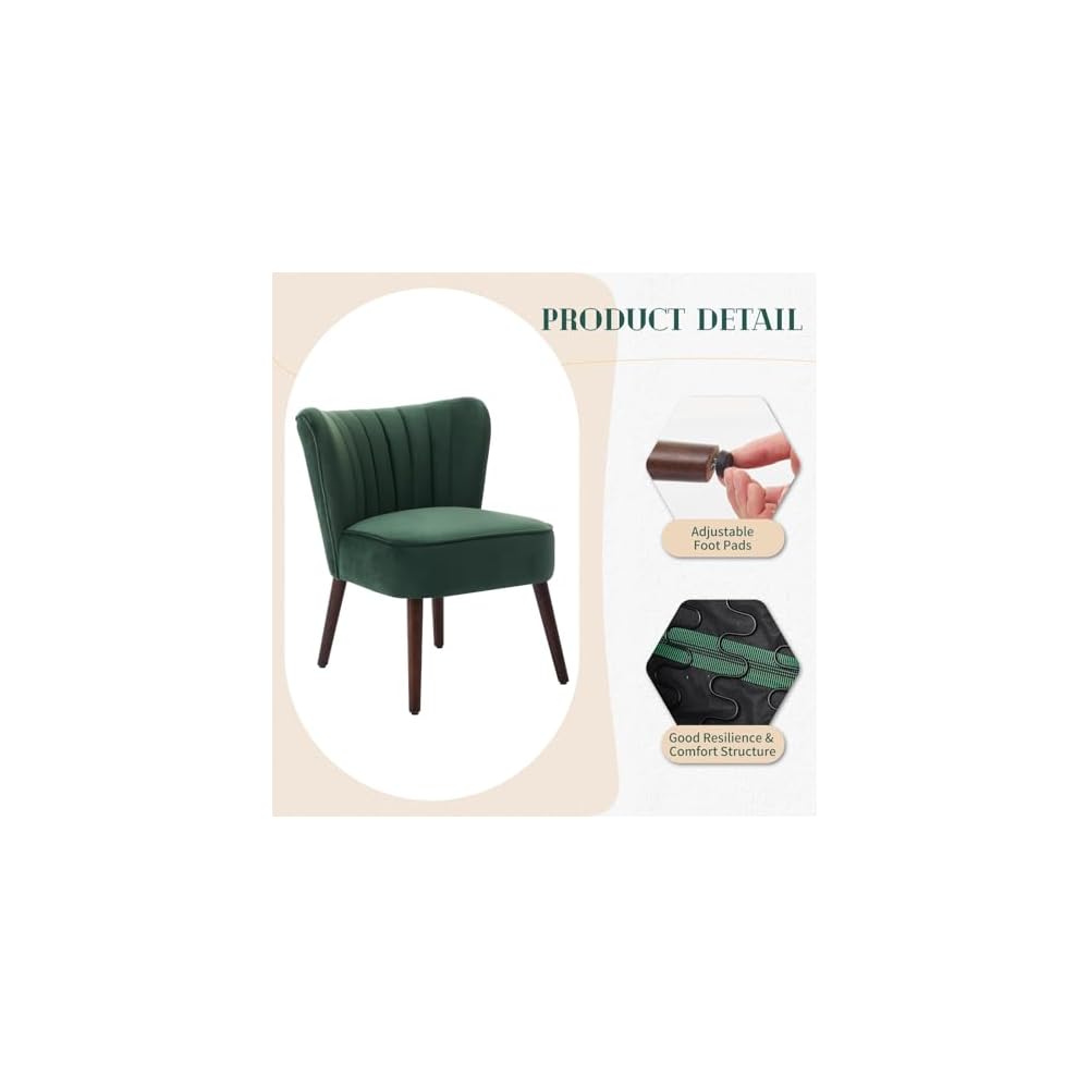 Modern Accent Chair, Padded Velvet Chair with Solid Wood Legs, Load Capacity 136 kg, Comfortable Lounge Chair without Armrests for Living Room, Bedroom, Office - Green
