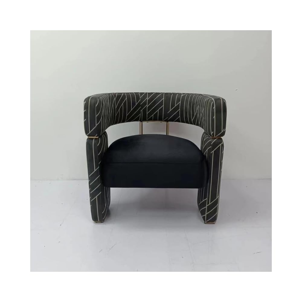 Black Microfiber Leather Accent Chair with Gold Metal Legs, Geometric Design