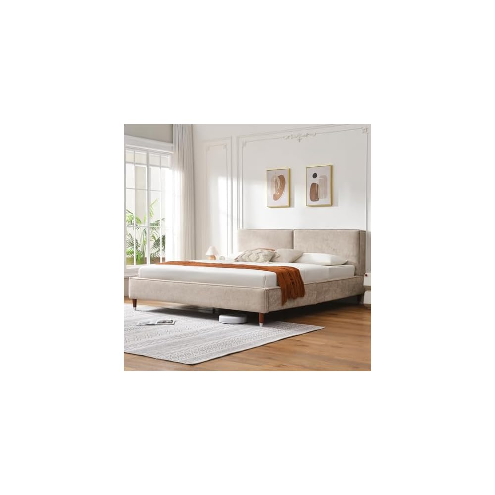 Luxury King Size Upholstered Platform Bed Frame with 7" Thick Padded Headboard, Plush Velvet-Like Fabric, 45 Wooden Slats Support, Wood-Look Legs, No Box Spring Needed, Beige
