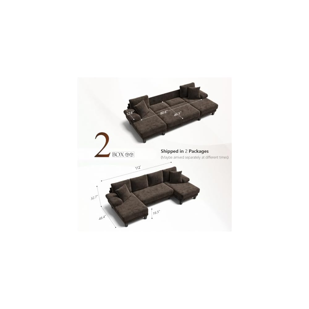 Sleeper Sofa with Pull Out Couch Bed | 112 Inch Couches for Living Room | U-Shaped Convertible Sofa Bed | Chenille Brown