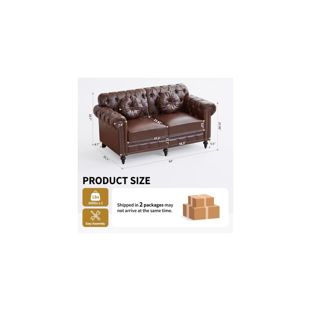 Faux Leather Chesterfield Loveseat, Mid Century Modern Classic Sofa