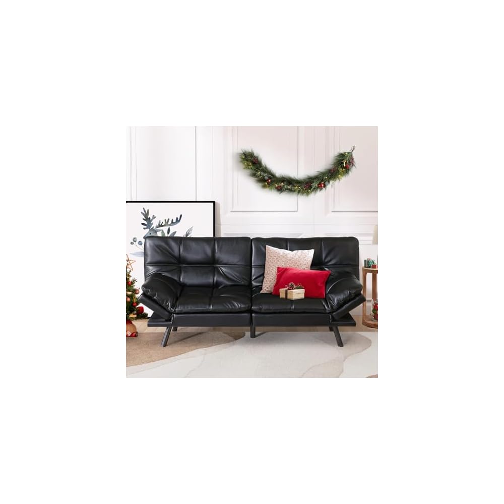 Multifunctional Futon Sofa Bed,Convertible Sleeper Futon Couch,Memory Foam Loveseat Sofa Bed,Small Splitback Faux Leather Modern Sofa for Living Room,Office,Apartment,Light Black