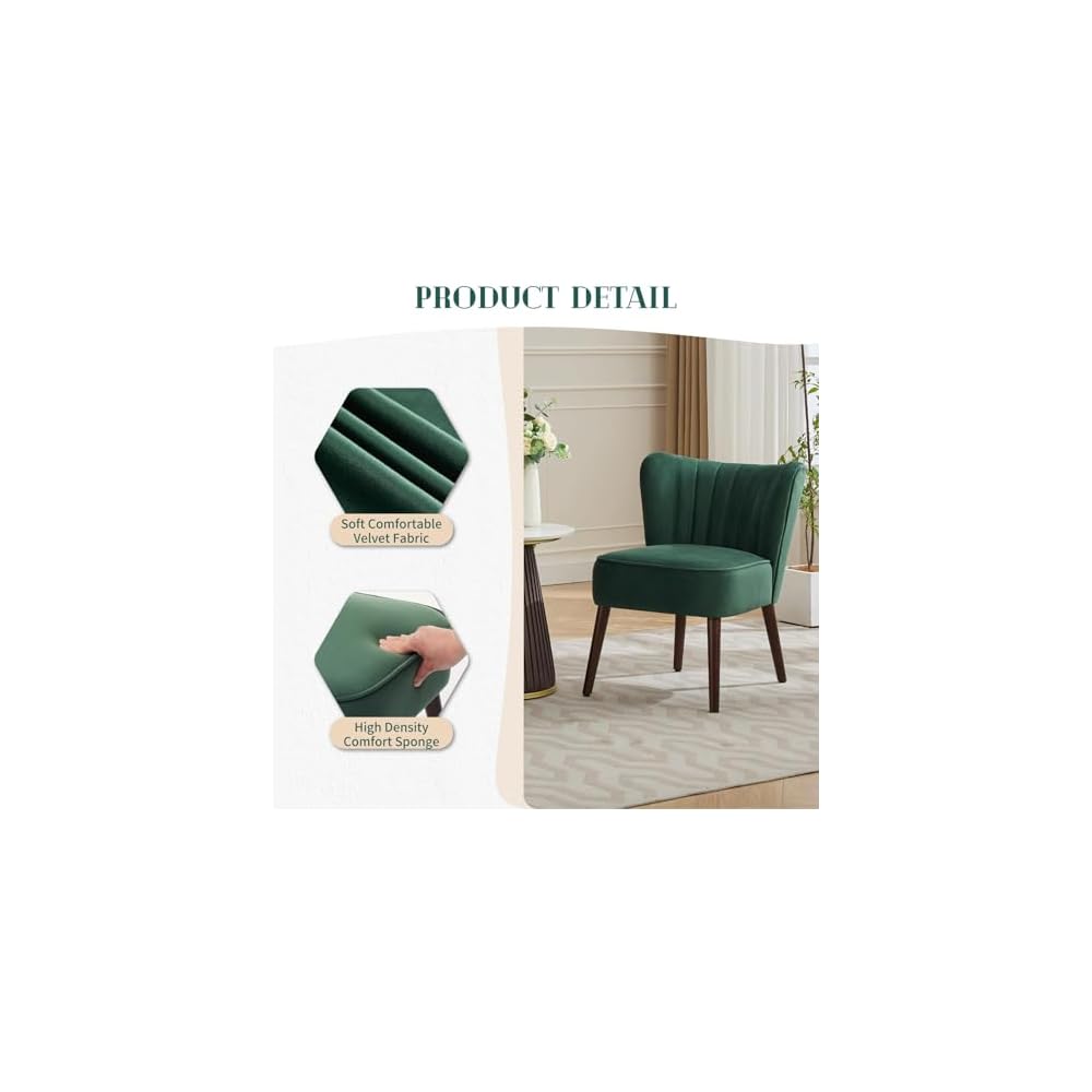 Modern Accent Chair, Padded Velvet Chair with Solid Wood Legs, Load Capacity 136 kg, Comfortable Lounge Chair without Armrests for Living Room, Bedroom, Office - Green