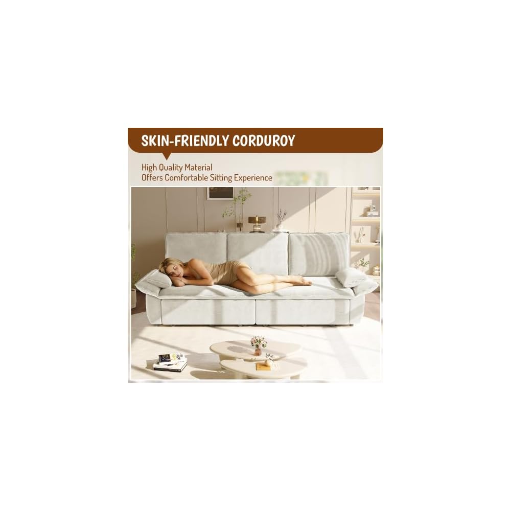 94.5" 3-in-1 King Size Sleeper Sofa, Corduroy Upholstered Deep Seat, Pull-Out Fold-Out Bed for Living Room Apartment, White