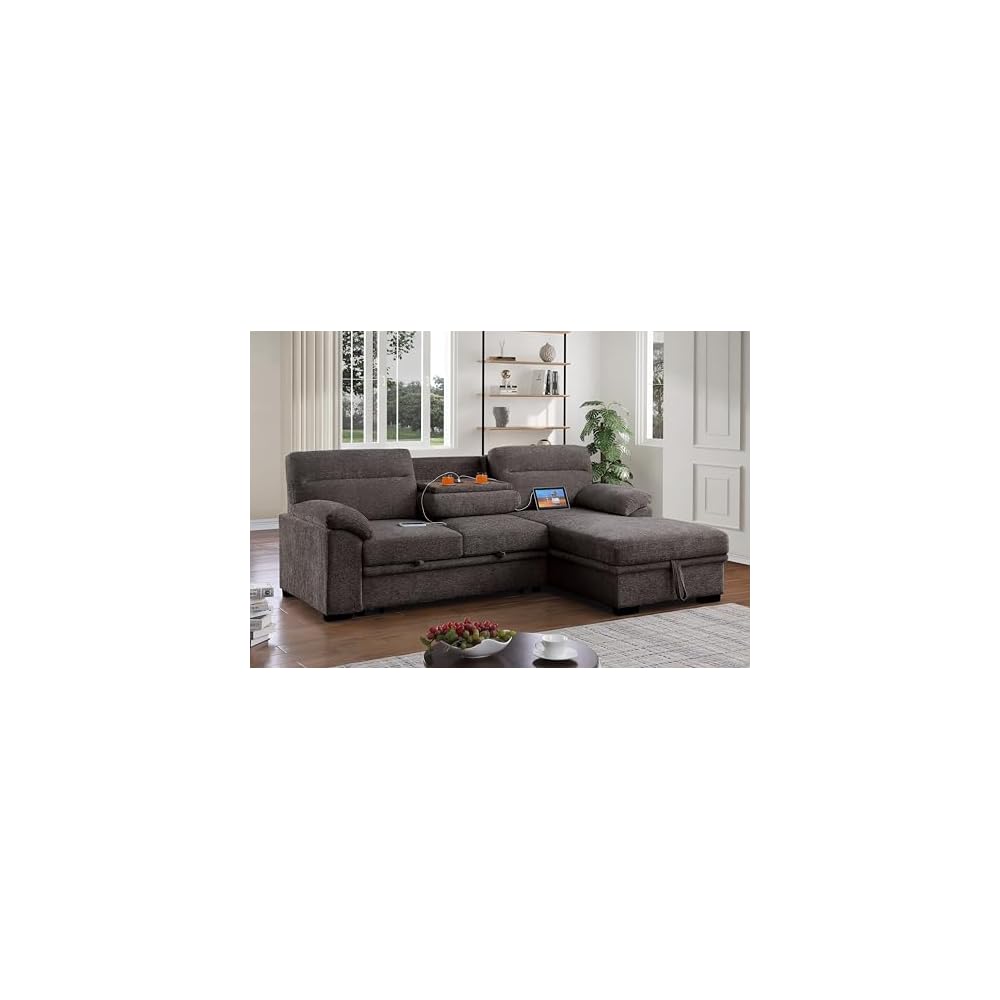 Kipling II 95" W Brown Chenille Fabric Sleeper Sectional Sofa