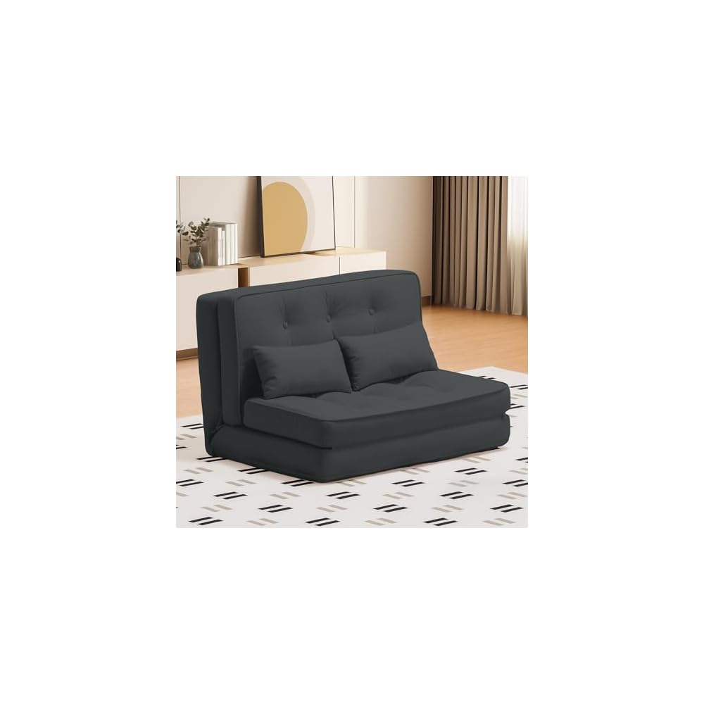 Folding Sofa Bed, Convertible Floor Sofa with Pillows, Fabric Floor Couch & Memory Foam Foldable Mattress with Washable Cover for Living Room, Guest Room, Dorm (Black)