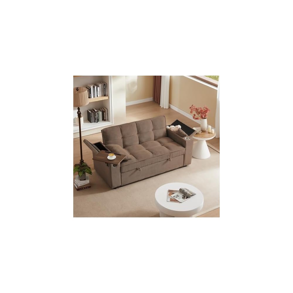  Large Size Convertible Sleeper Sofa Bed,Polka dot Velvet Pull Out Futon Couch with Storage handrails & Rotating Side Tables,Convertible Sofa Couch for Living Room,RV (Coffee)