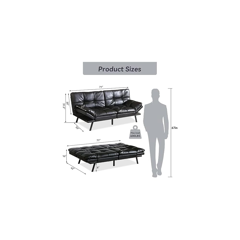 Multifunctional Futon Sofa Bed,Convertible Sleeper Futon Couch,Memory Foam Loveseat Sofa Bed,Small Splitback Faux Leather Modern Sofa for Living Room,Office,Apartment,Light Black