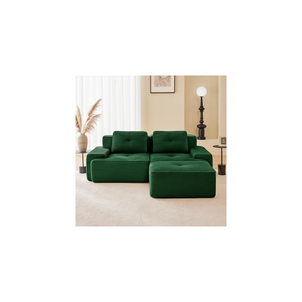 Boneless Couch Modular Sectional Sofa 82" Loveseat, Modern Cloud Couch with Deep Seat, Corduroy L Shaped Sectional Couches for Living Room, Tufted Floor Sofa with Anti-Slip, No Assembly, Green