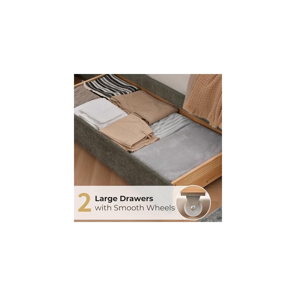 Full Size Upholstered Bed Frame with 2 Drawers Storage, Platform Bed with Soft & Cushioned Headboard, Sturdy Wood Slats, Underbed Storage, No Box Spring Needed, Sage Green