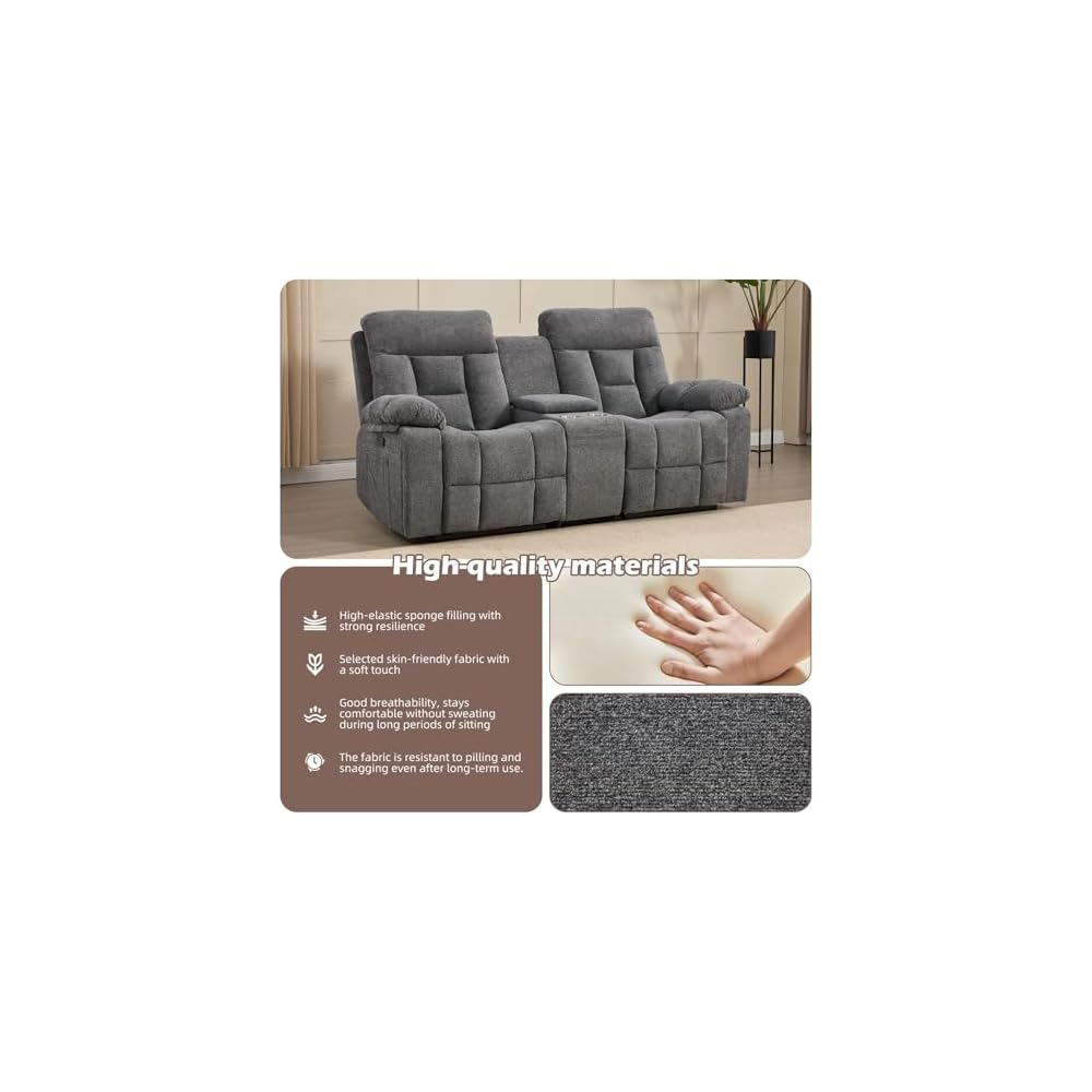 Loveseat Recliner, Manual Recliner Sofa Chair for Living Room, Reclining Sofa with Storage Console,Hidden Cup Holders, 2 Seat, Grey