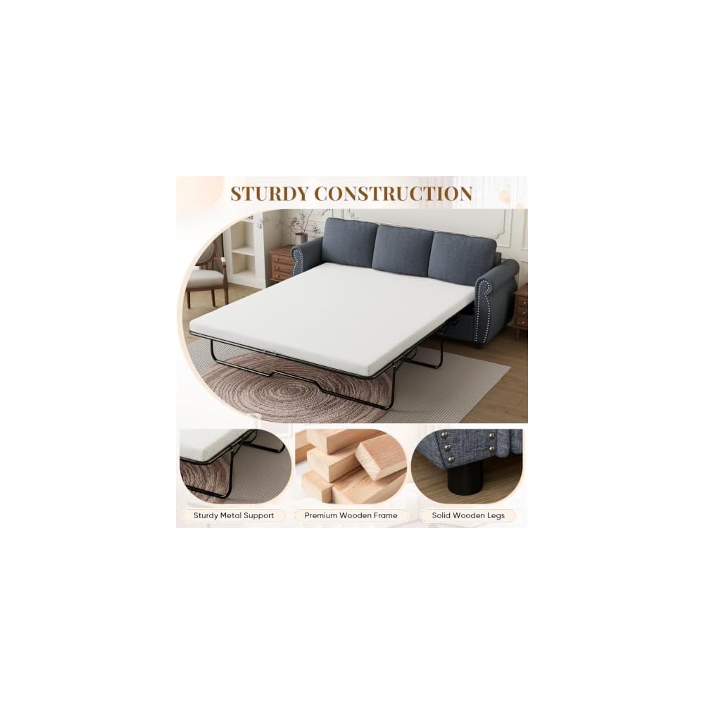 Queen Pull Out Sofa Bed, 81.5" Sleeper Sofa with Memory Foam Mattress/ Rolled Armrests, Convertible 3 Seater Pull Out Couch Bed, Loveseat Sofa Cama Para Sala for Living Room, Guest Room, Dark Gray
