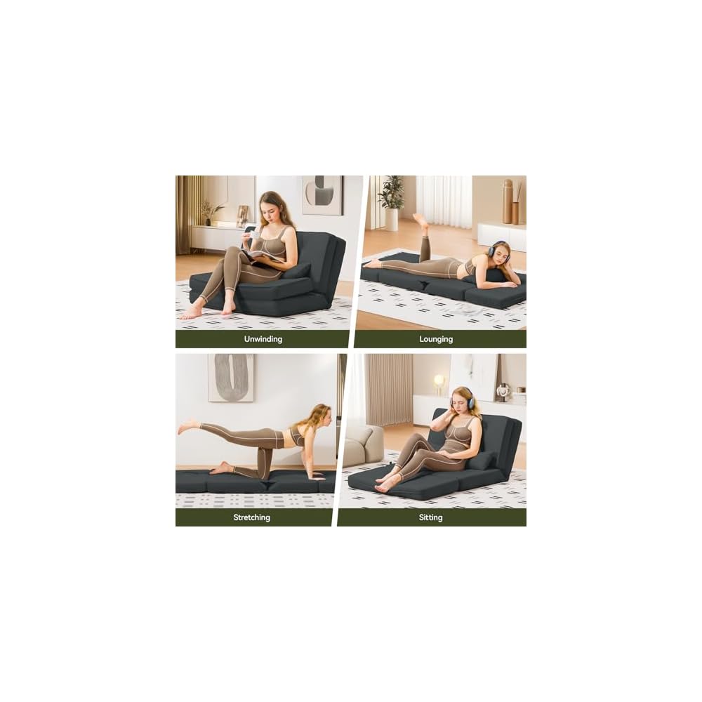 Folding Sofa Bed, Convertible Floor Sofa with Pillows, Fabric Floor Couch & Memory Foam Foldable Mattress with Washable Cover for Living Room, Guest Room, Dorm (Black)
