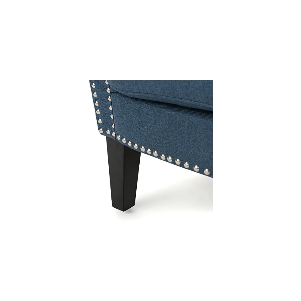 Brice Vintage Scroll Arm Studded Fabric Club Chair, Navy Blue / Dark Brown 31D x 29.5W x 31.5H in