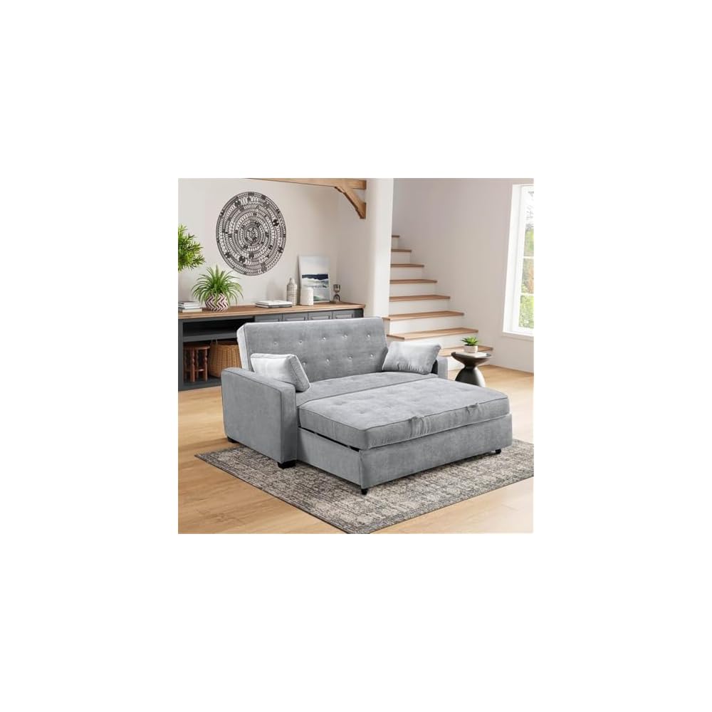 Ainsley 66.5" Convertible Sleeper Loveseat, Full Size, Dreamcoil Comfort, Soft Woven Fabric, Light Grey
